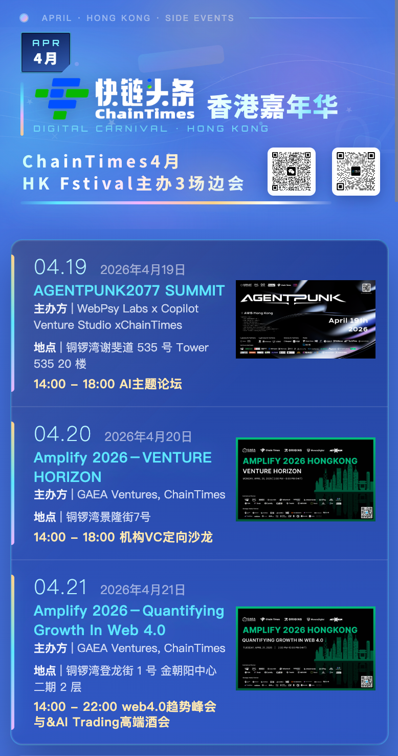 ChainTimes 将于4.19-21号香港嘉年华期间举办3场「Amplify 2026」系列主题峰会